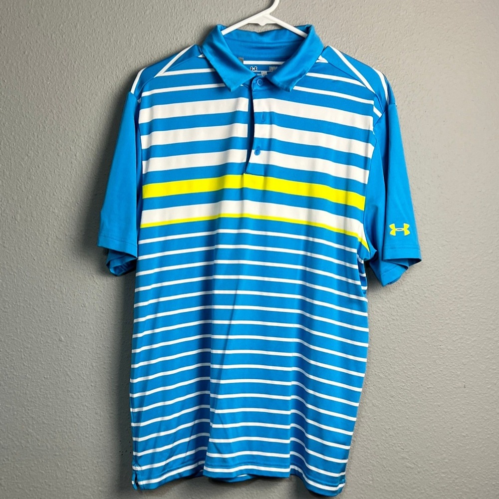 Under Armour Lg Loose Heatgear Golf Polo Shirt Men's LG Blue White Yellow Stripe